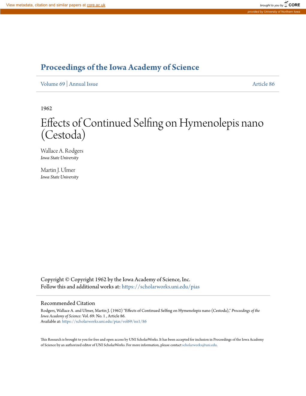 Effects of Continued Selfing on Hymenolepis Nano (Cestoda) Wallace A