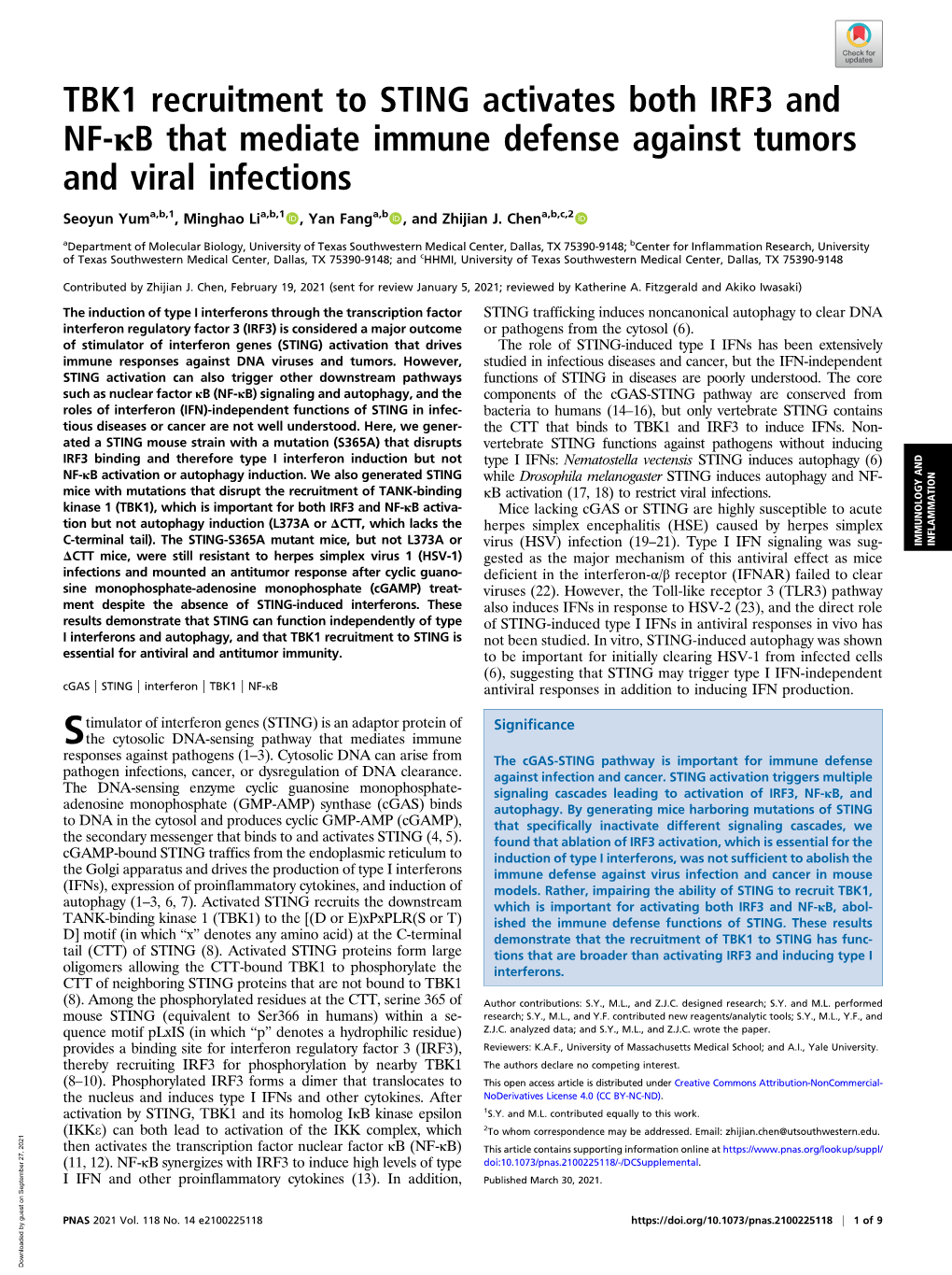 TBK1 Recruitment to STING Activates Both IRF3 and NF-Κb That Mediate Immune Defense Against Tumors and Viral Infections