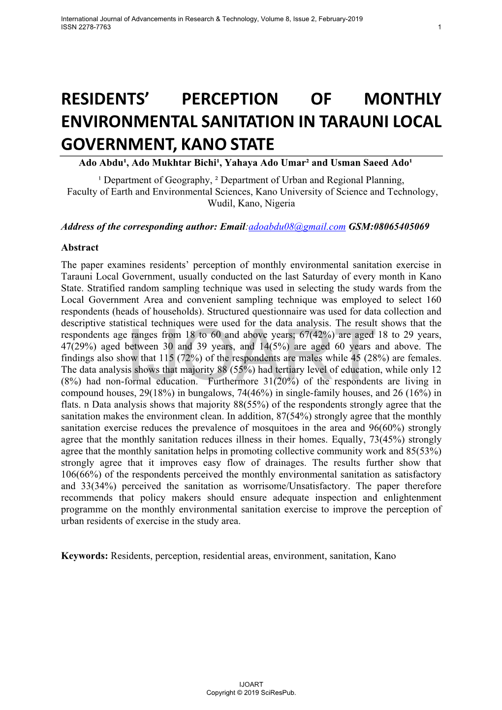 Residents' Perception of Monthly Environmental