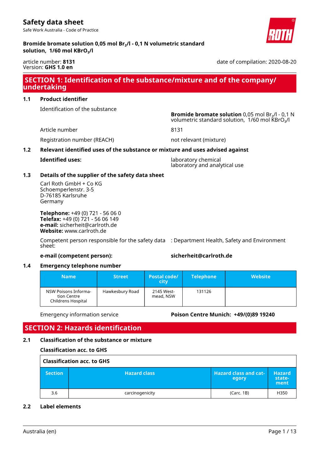 Safety Data Sheet: Bromide Bromate Solution