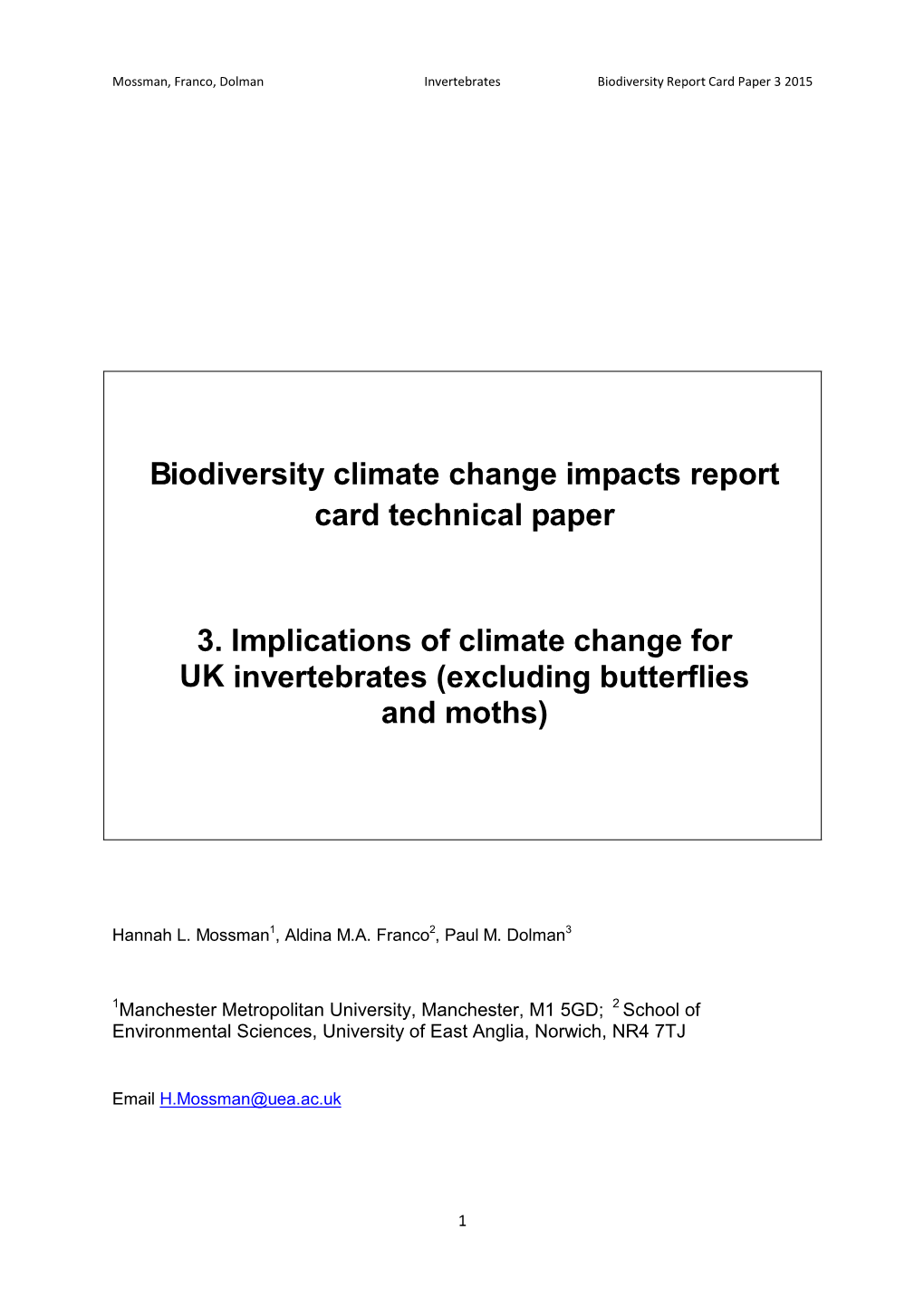 Biodiversity Climate Change Impacts Report Card Technical Paper 3