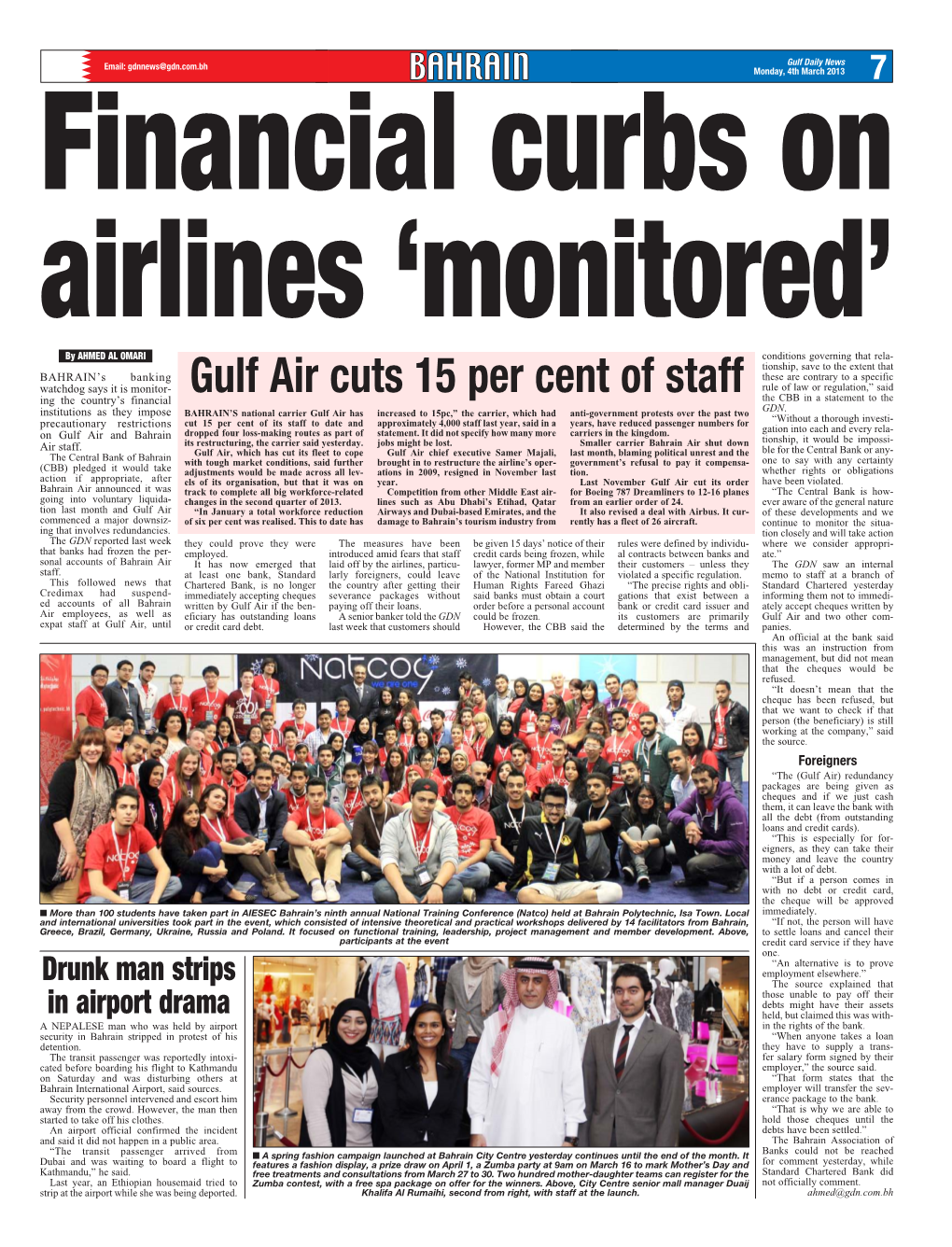 Gulf Air Cuts 15 Per Cent of Staff Rule of Law Or Regulation,” Said Ing the Country’S Financial the CBB in a Statement to the GDN