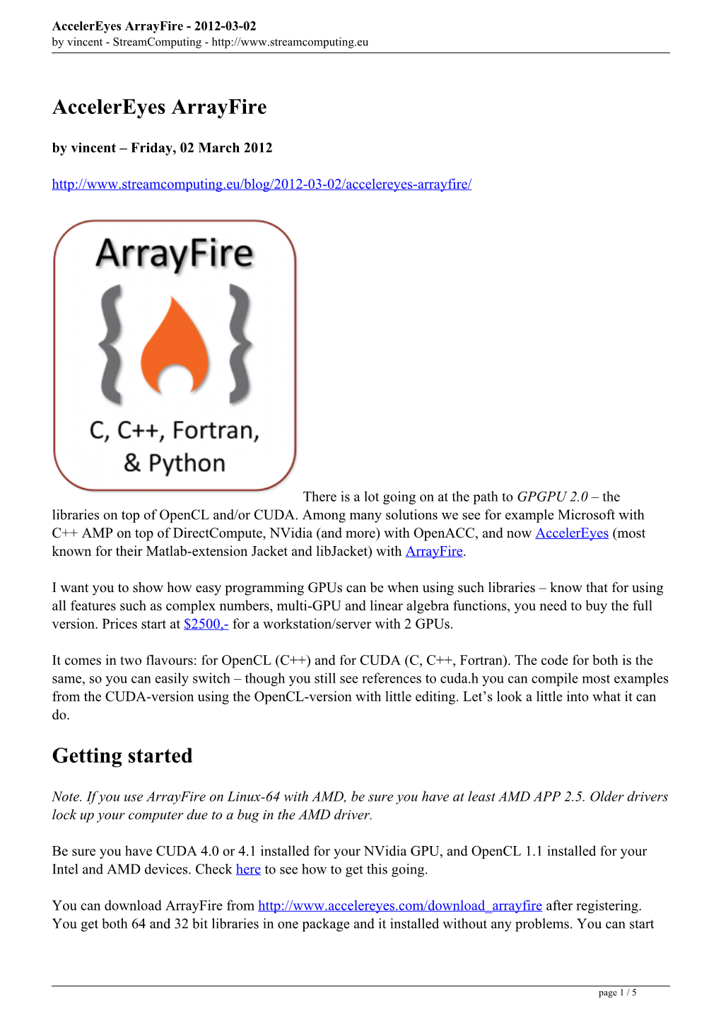 Accelereyes Arrayfire - 2012-03-02 by Vincent - Streamcomputing