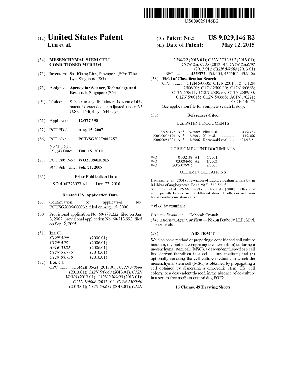 (12) United States Patent (10) Patent No.: US 9,029,146 B2 Lim Et Al