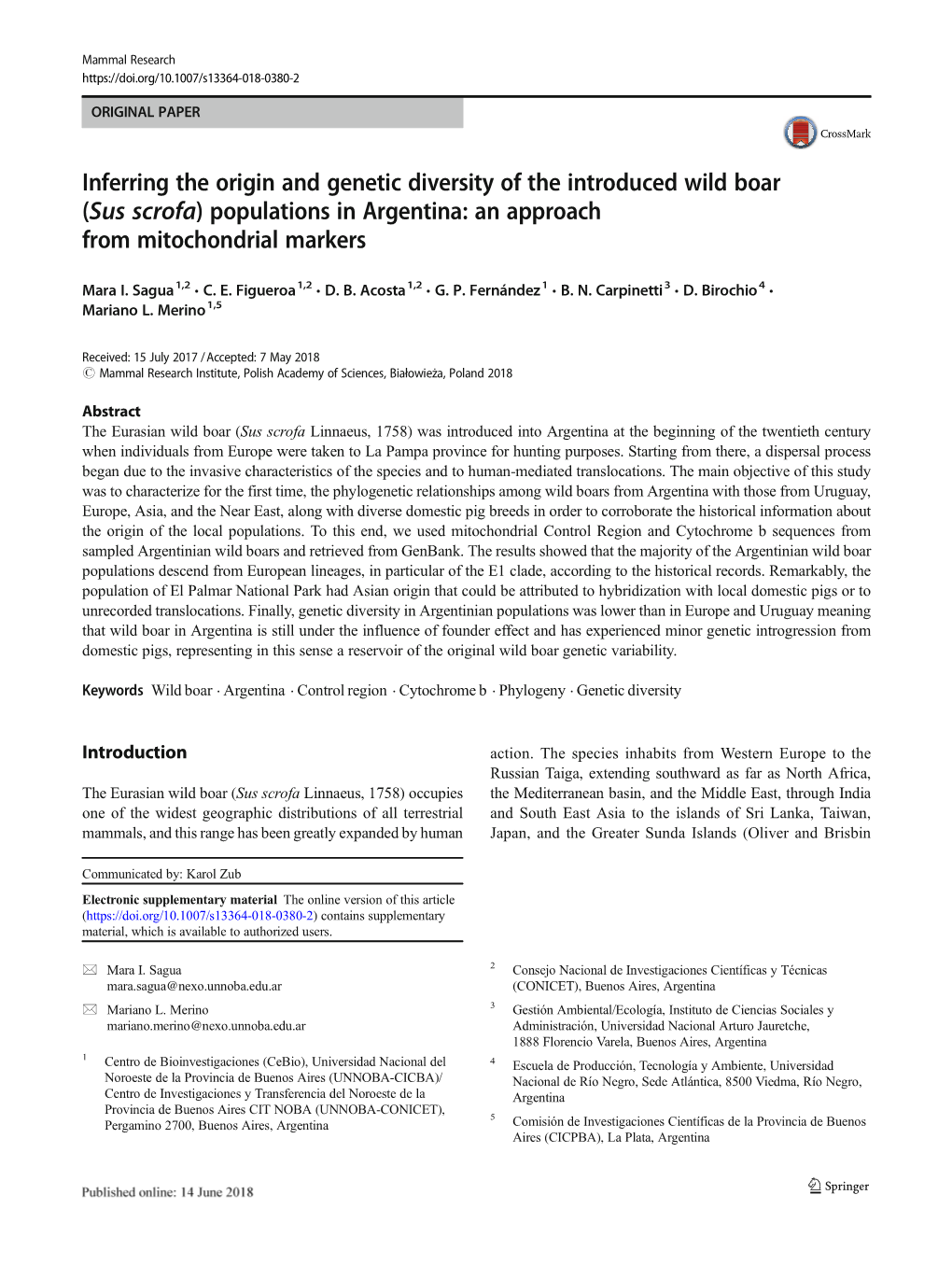 Inferring the Origin and Genetic Diversity of the Introduced Wild Boar (Sus Scrofa) Populations in Argentina: an Approach from Mitochondrial Markers
