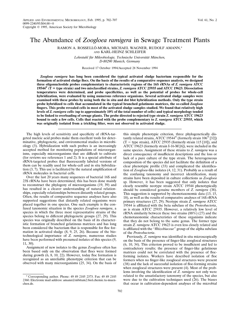 The Abundance of Zoogloea Ramigera in Sewage Treatment Plants RAMON A