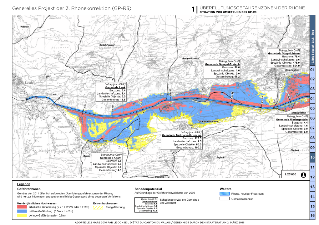 Generelles Projekt Der 3. Rhonekorrektion (GP-R3) ÜBERFLUTUNGSGEFAHRENZONEN DER RHONE 1 SITUATION VOR UMSETZUNG DES GP-R3