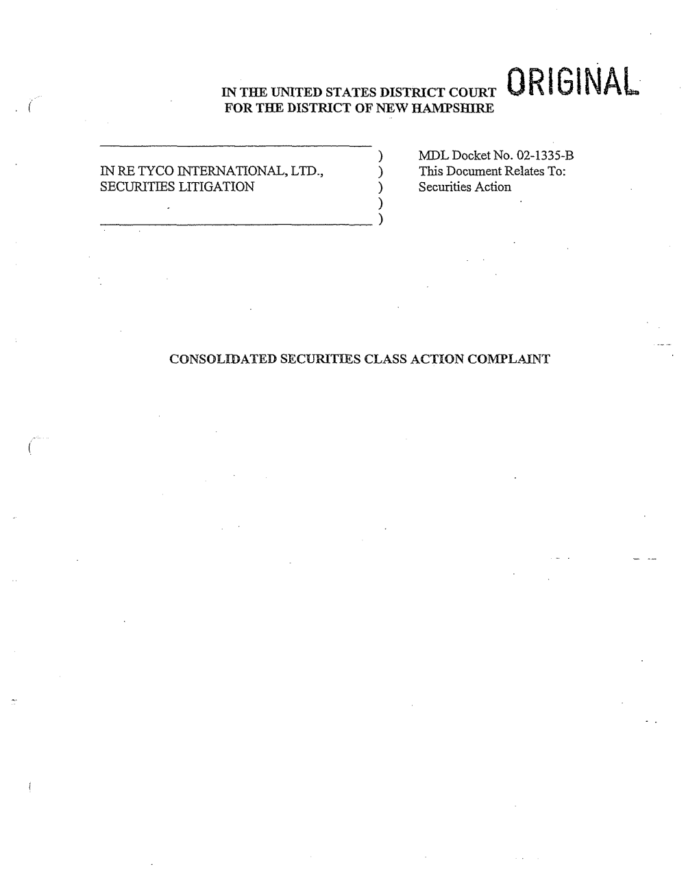 MDL Docket No. 02-1335-B in RE TYCO INTERNATIONAL, LTD., This