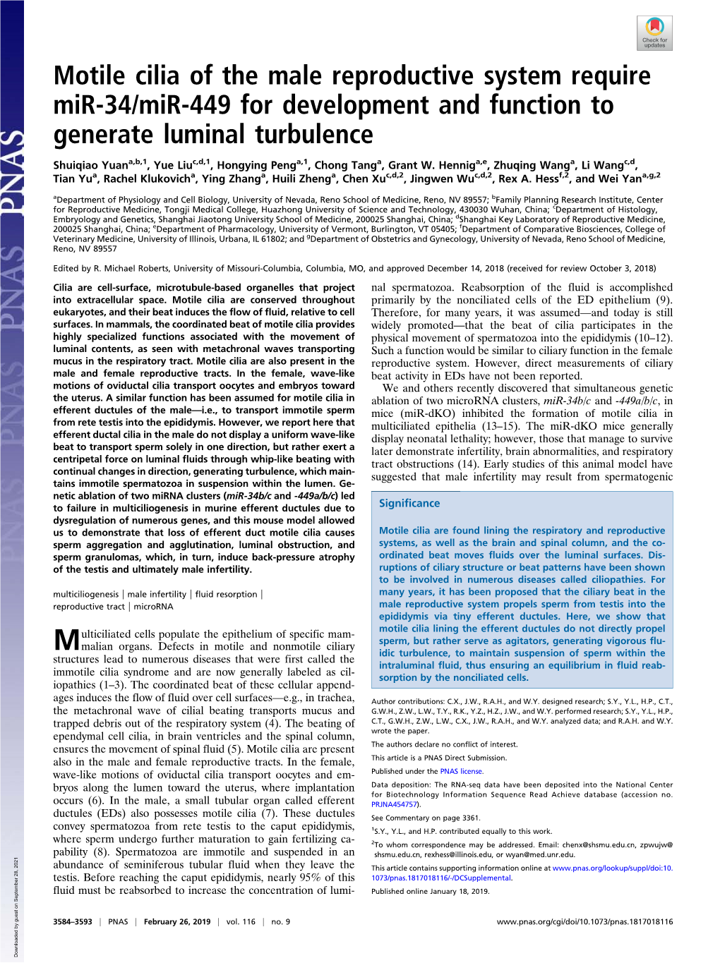 Motile Cilia of the Male Reproductive System Require Mir-34/Mir-449 for Development and Function to Generate Luminal Turbulence