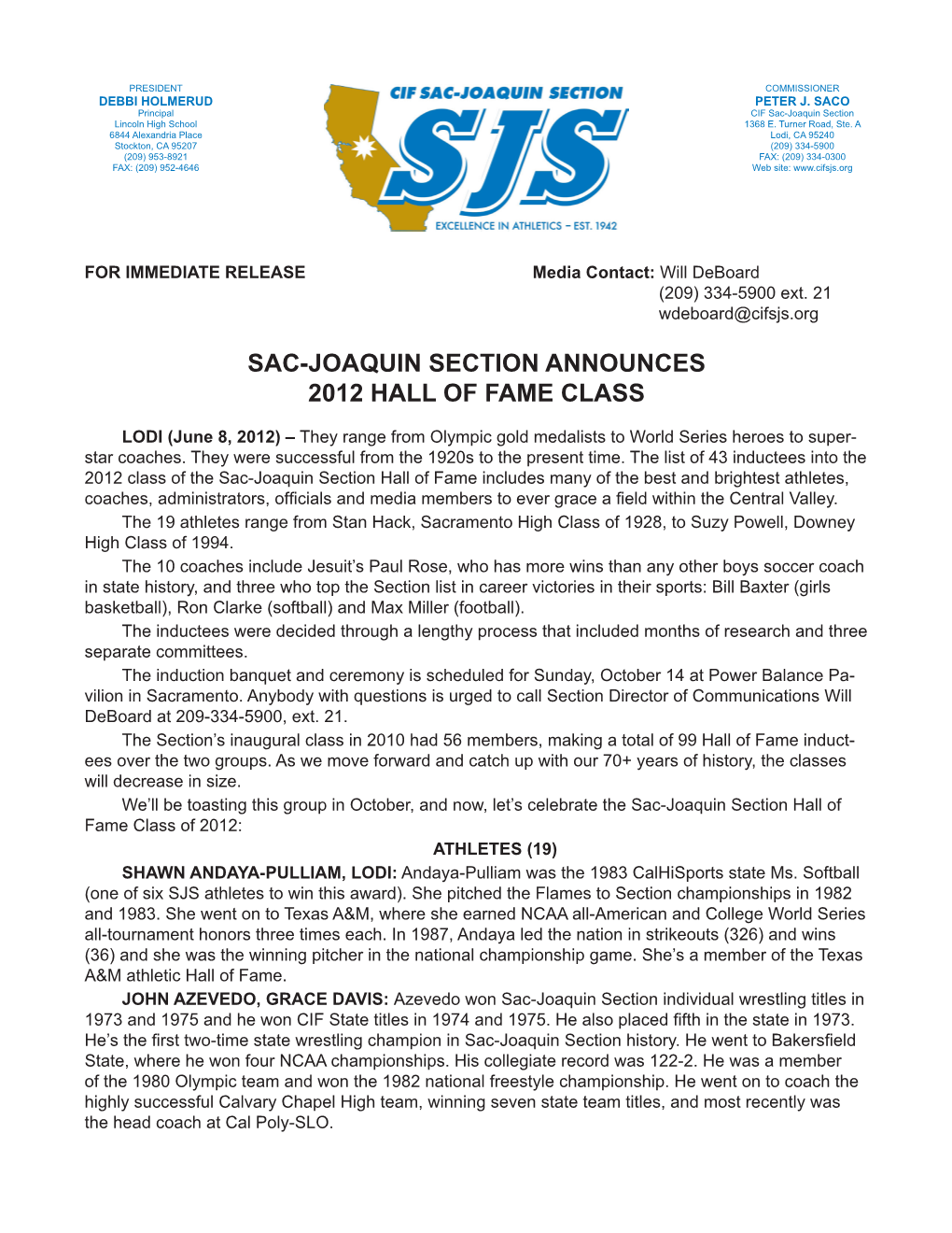 Sac-Joaquin Section Announces 2012 Hall of Fame Class