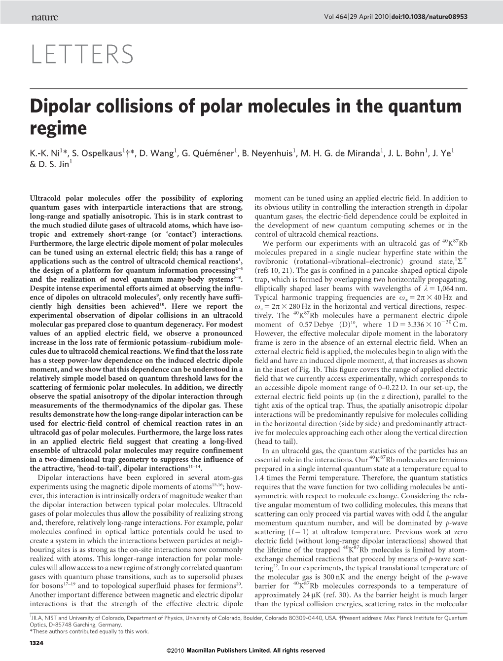 Dipolar Collisions of Polar Molecules in the Quantum Regime