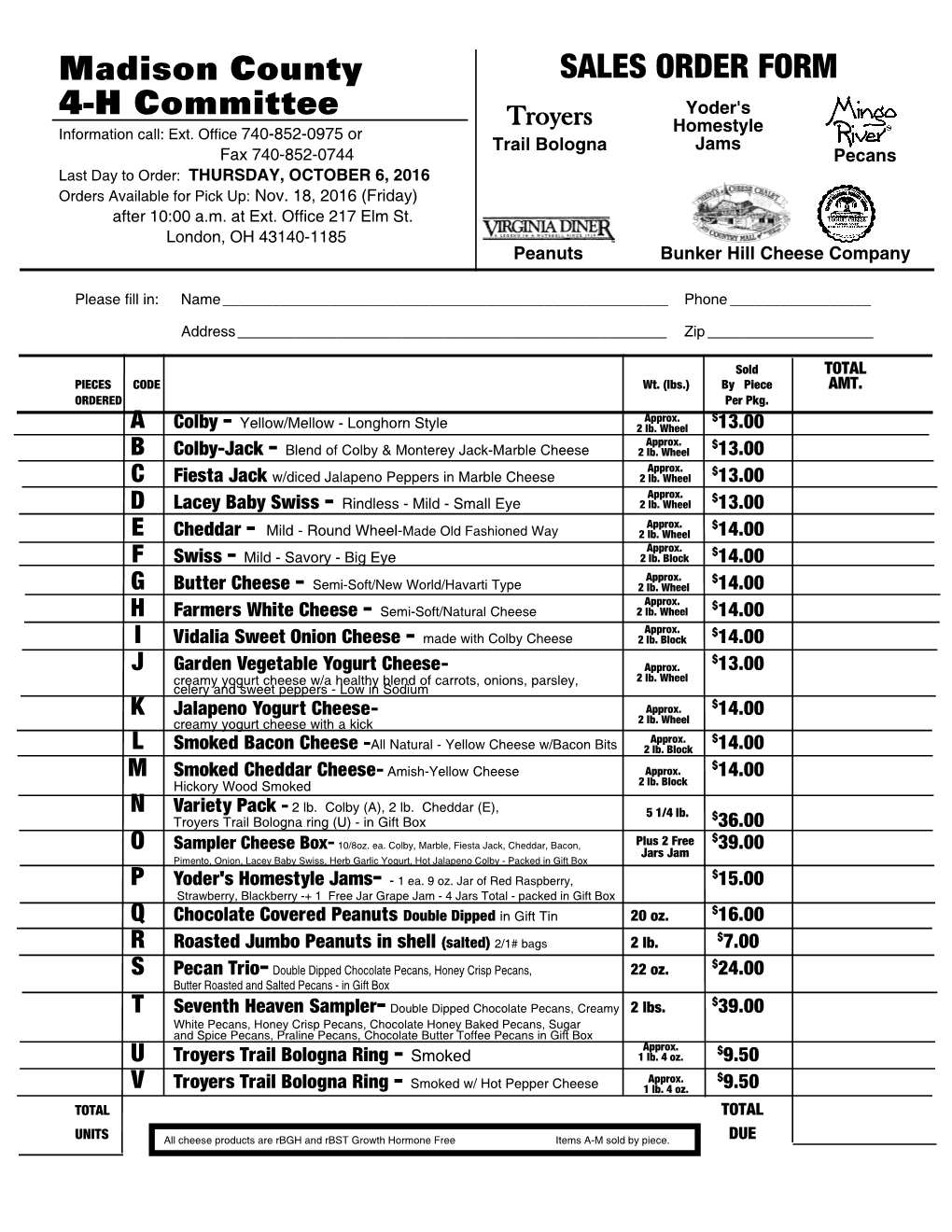 Madison County 4-H Committee SALES ORDER FORM