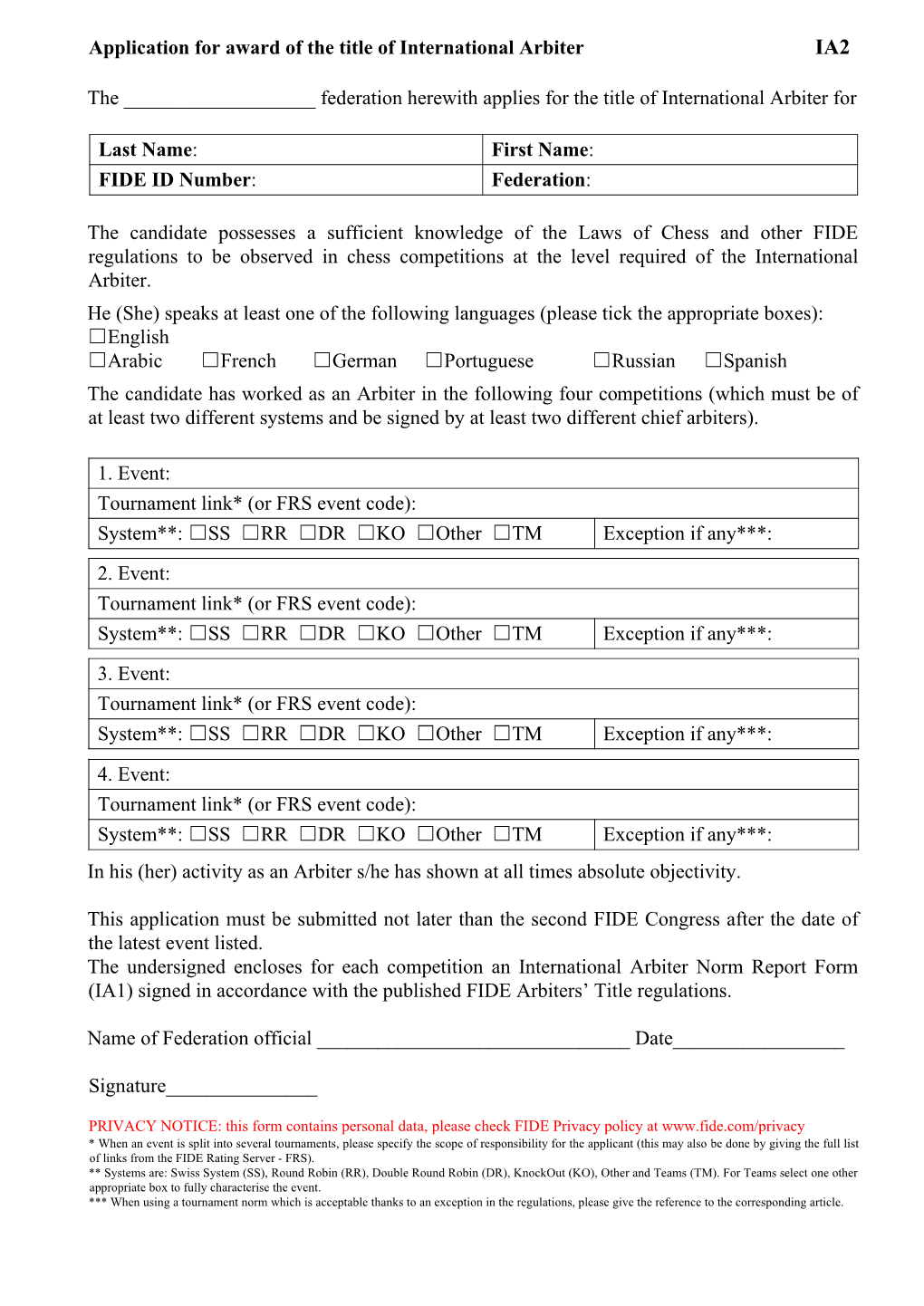 Application for Award of the Title of International Arbiter IA2