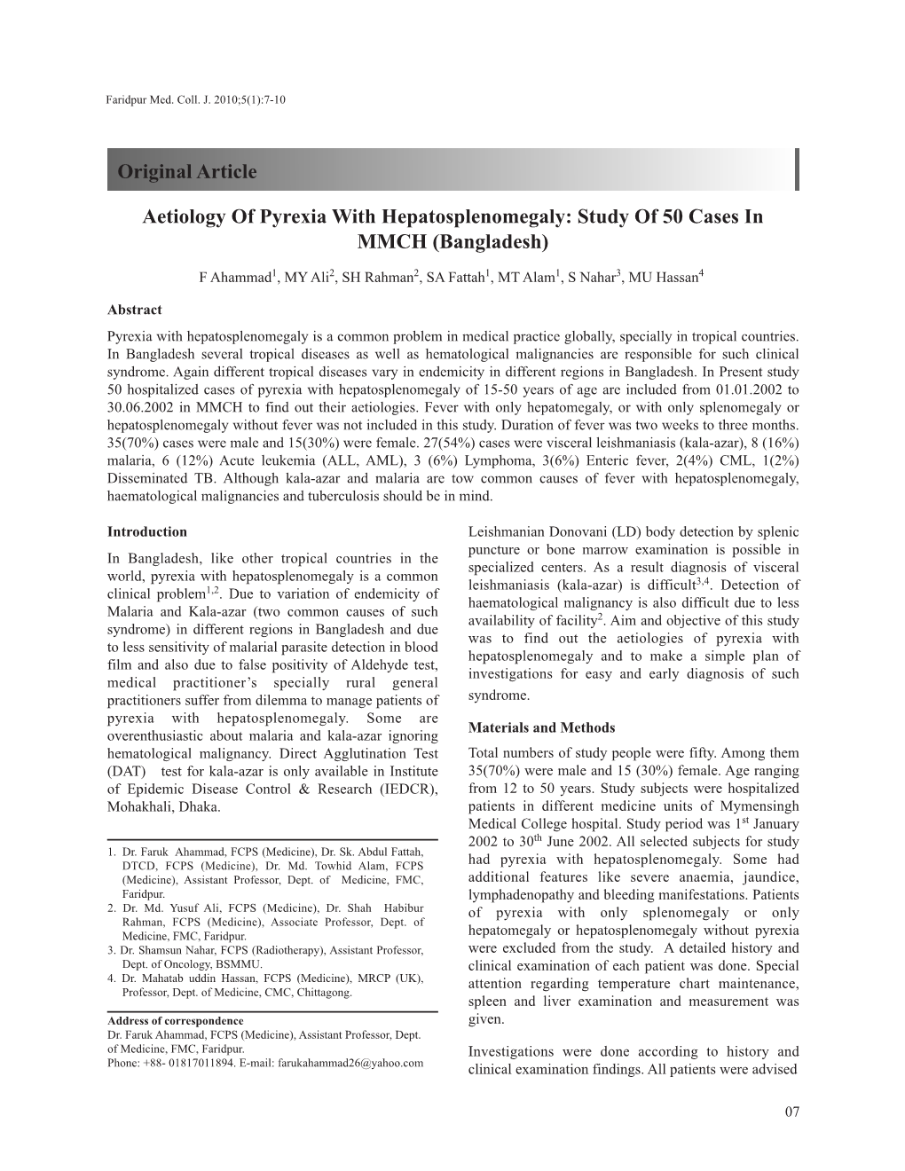 Original Article Aetiology of Pyrexia with Hepatosplenomegaly