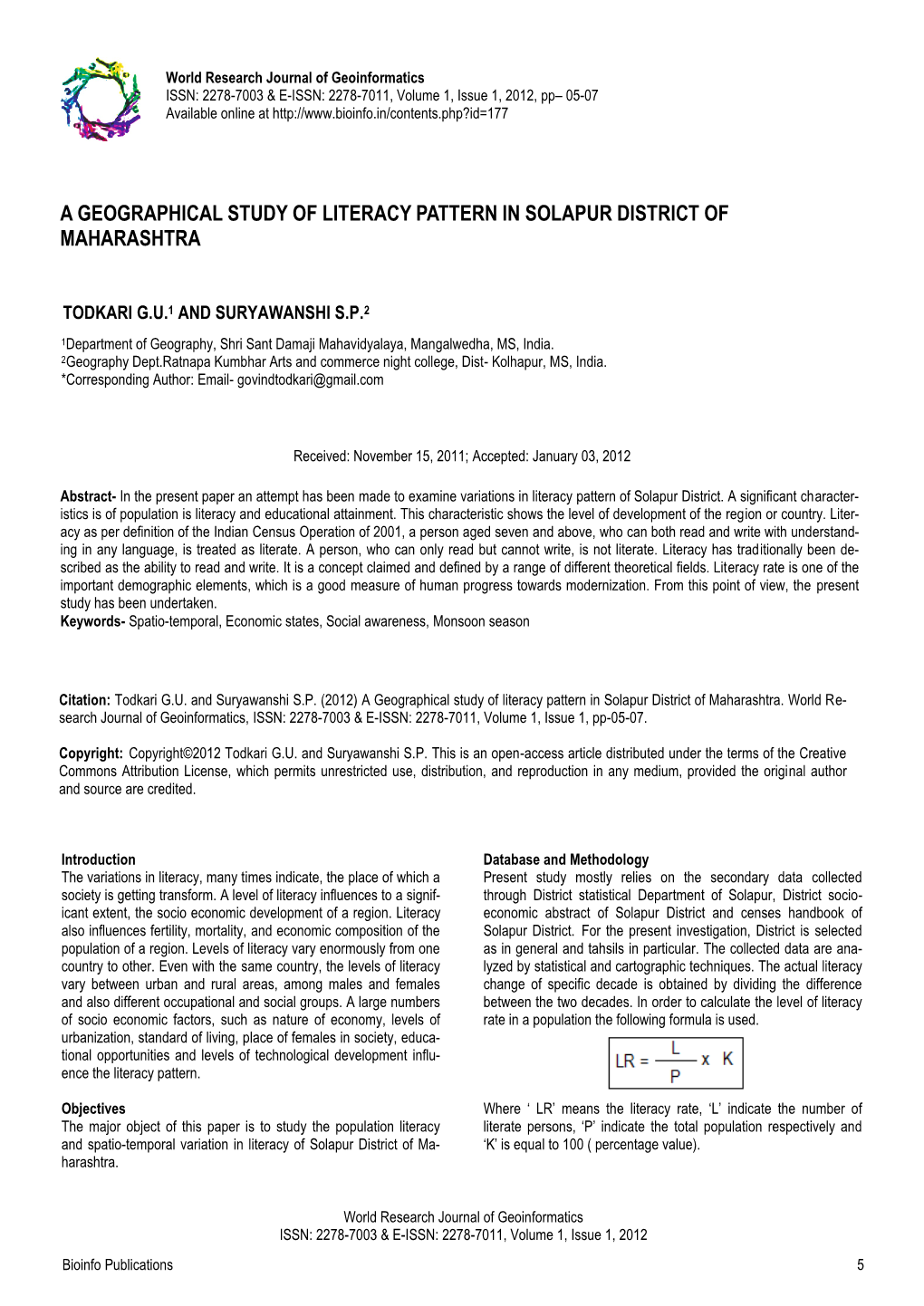 A Geographical Study of Literacy Pattern in Solapur District of Maharashtra