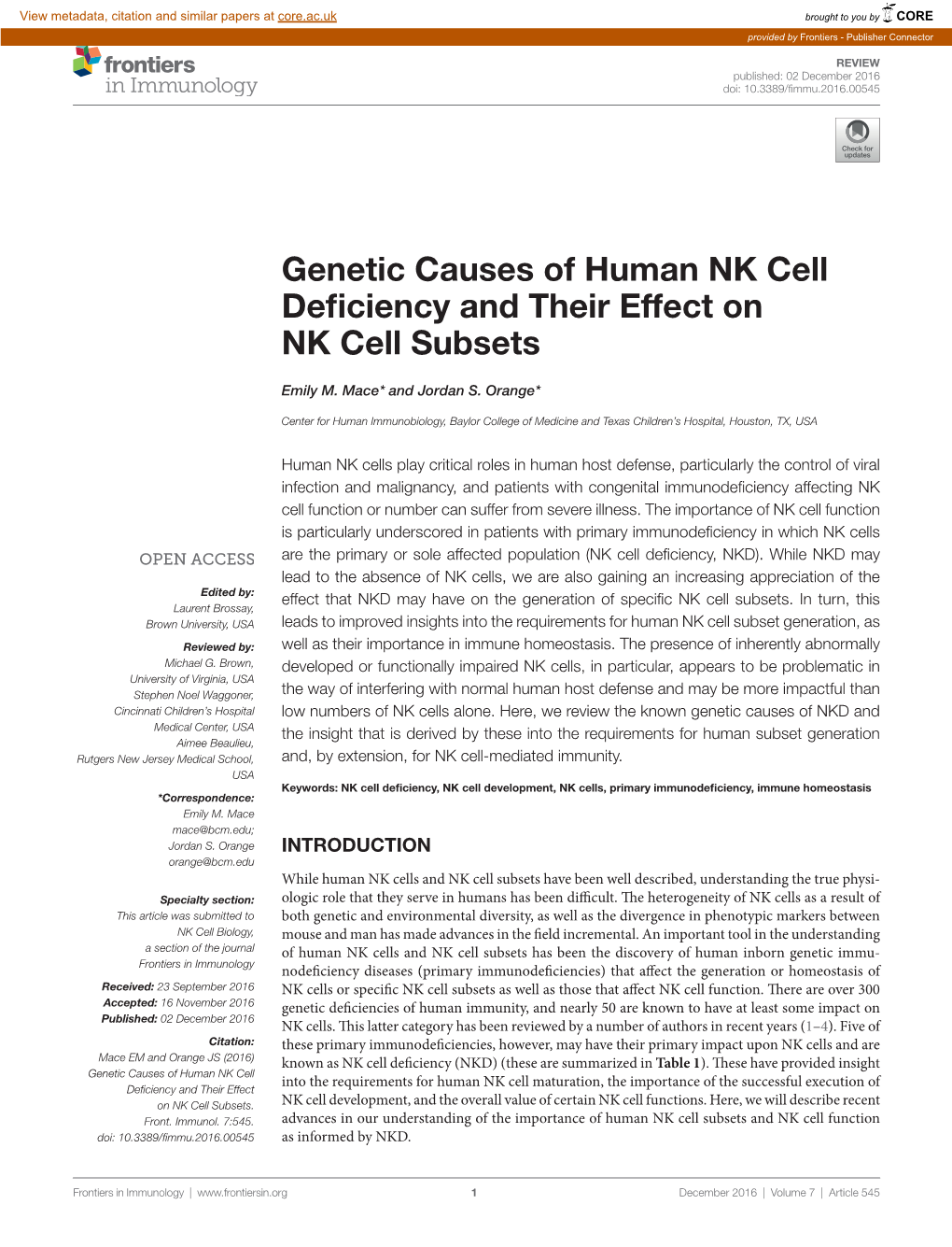 Genetic Causes of Human NK Cell Deficiency and Their Effect on NK Cell Subsets