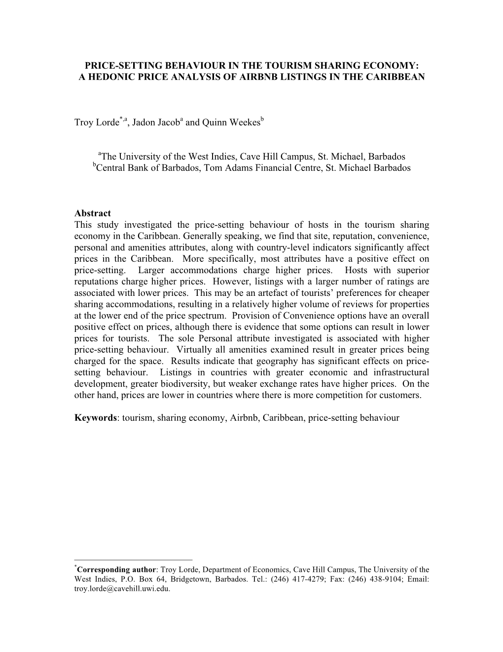 Price-Setting Behaviour in the Tourism Sharing Economy: a Hedonic Price Analysis of Airbnb Listings in the Caribbean