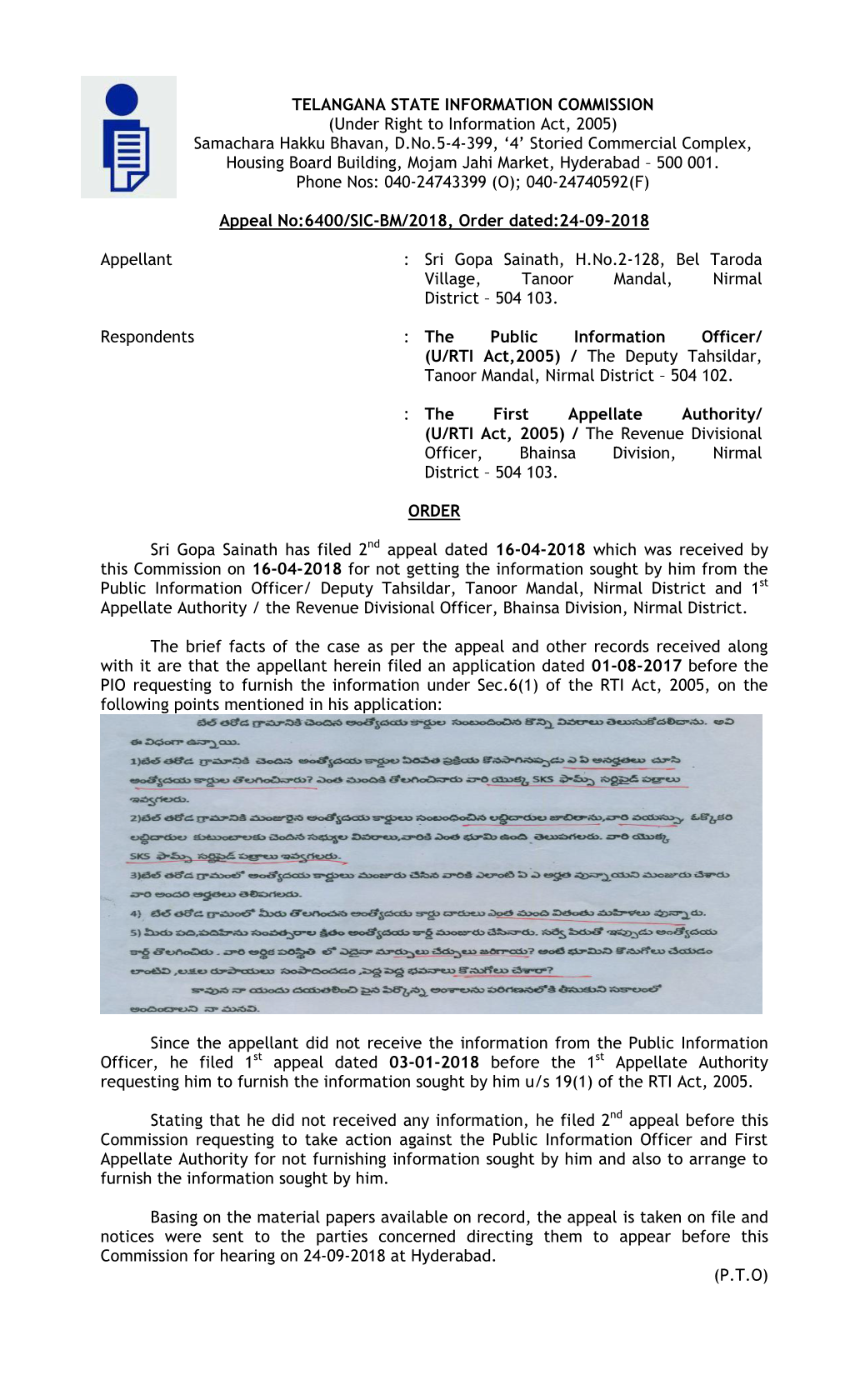 TELANGANA STATE INFORMATION COMMISSION (Under Right to Information Act, 2005) Samachara Hakku Bhavan, D.No.5-4-399, '4' Stor