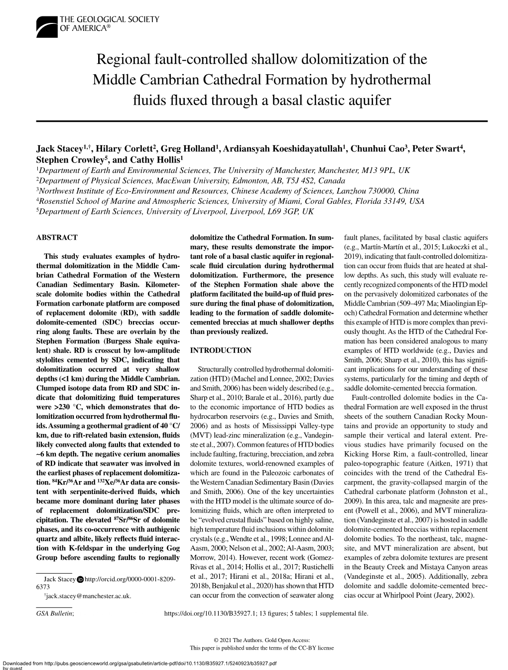 Regional Fault-Controlled Shallow Dolomitization of the Middle Cambrian Cathedral Formation by Hydrothermal Fluids Fluxed Through a Basal Clastic Aquifer