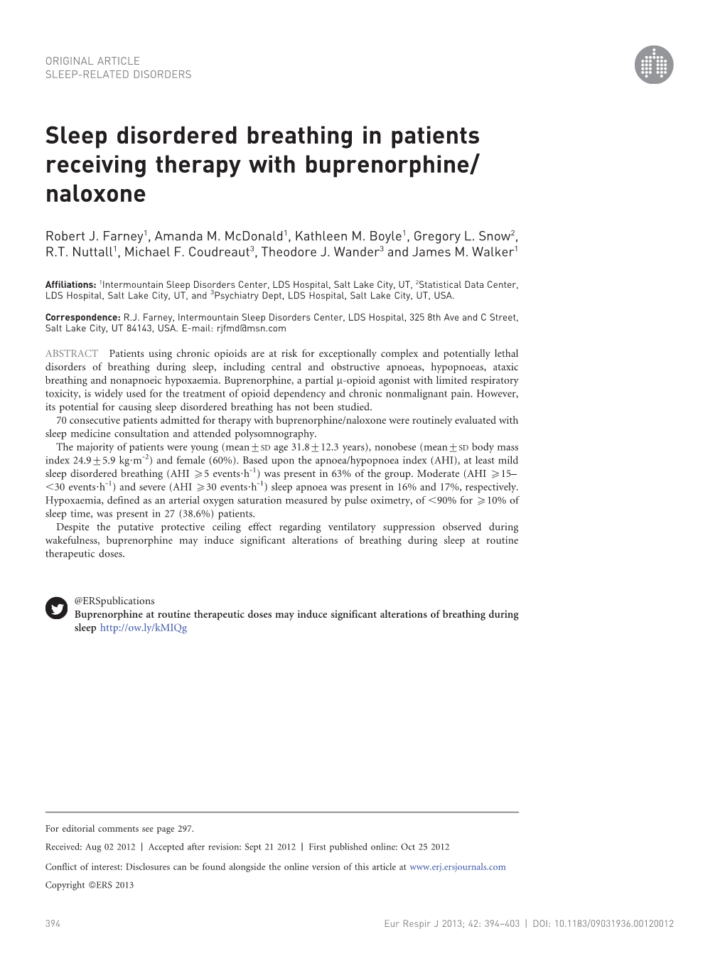 Sleep Disordered Breathing in Patients Receiving Therapy with Buprenorphine/ Naloxone