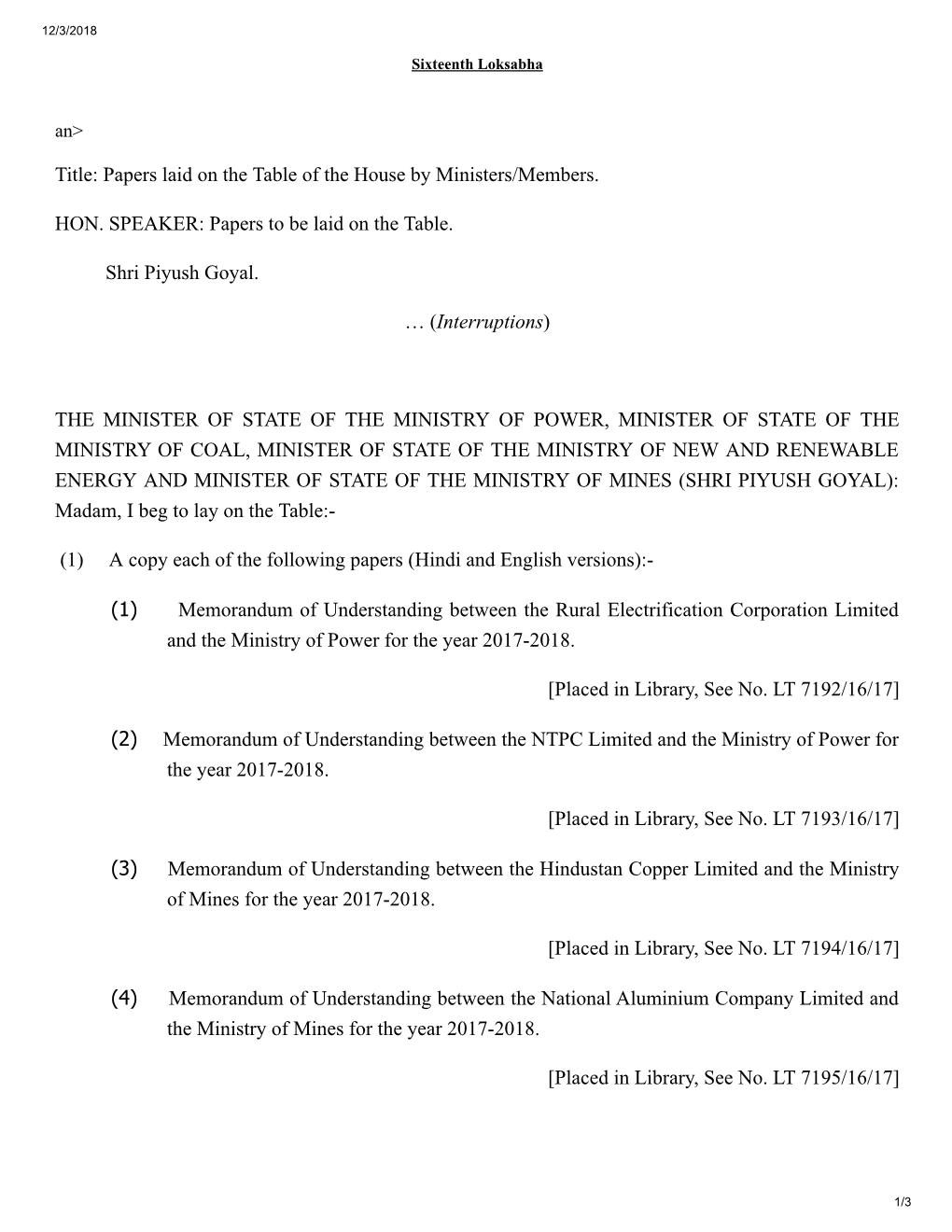 Title: Papers Laid on the Table of the House by Ministers/Members. HON