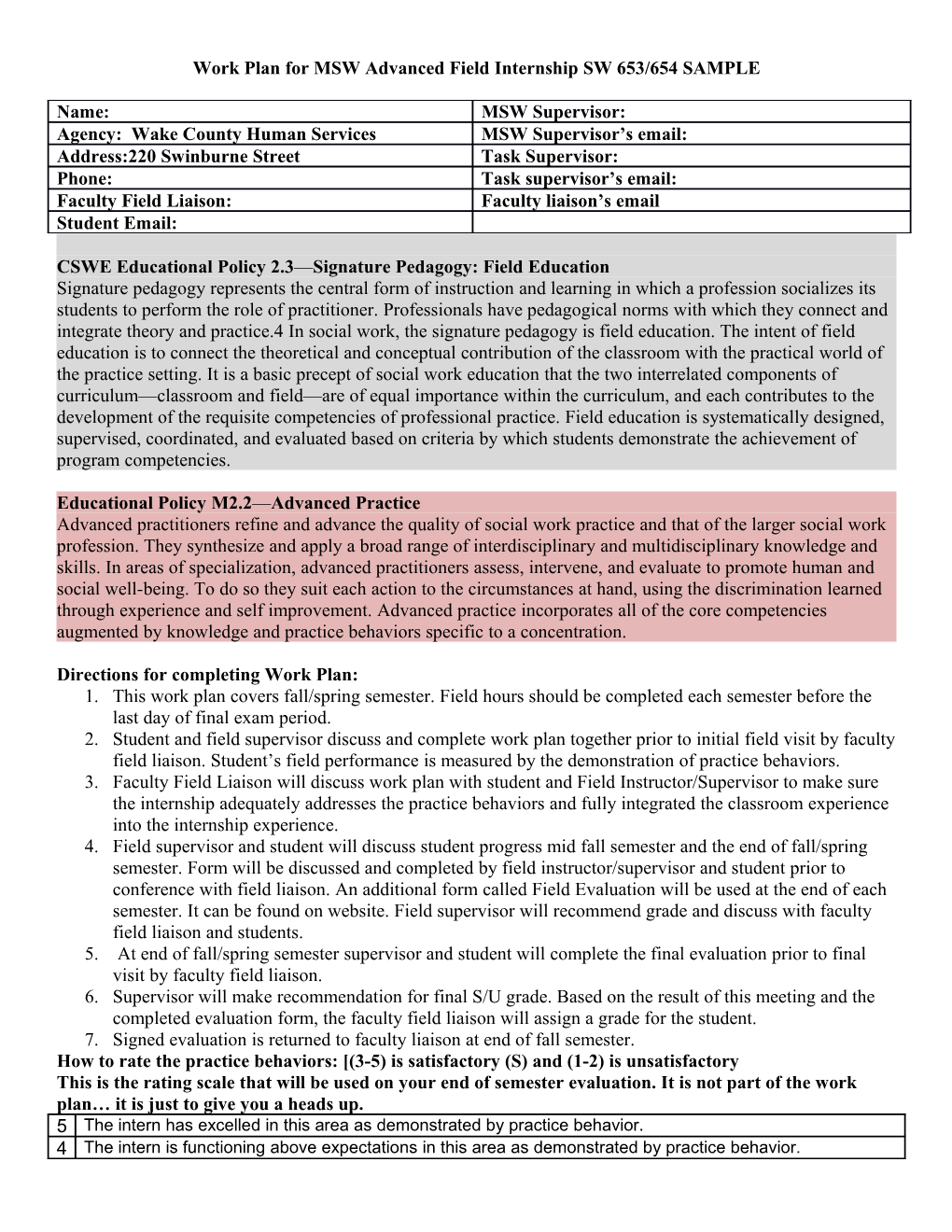 Work Plan for MSW Advanced Field Internship SW 653/654