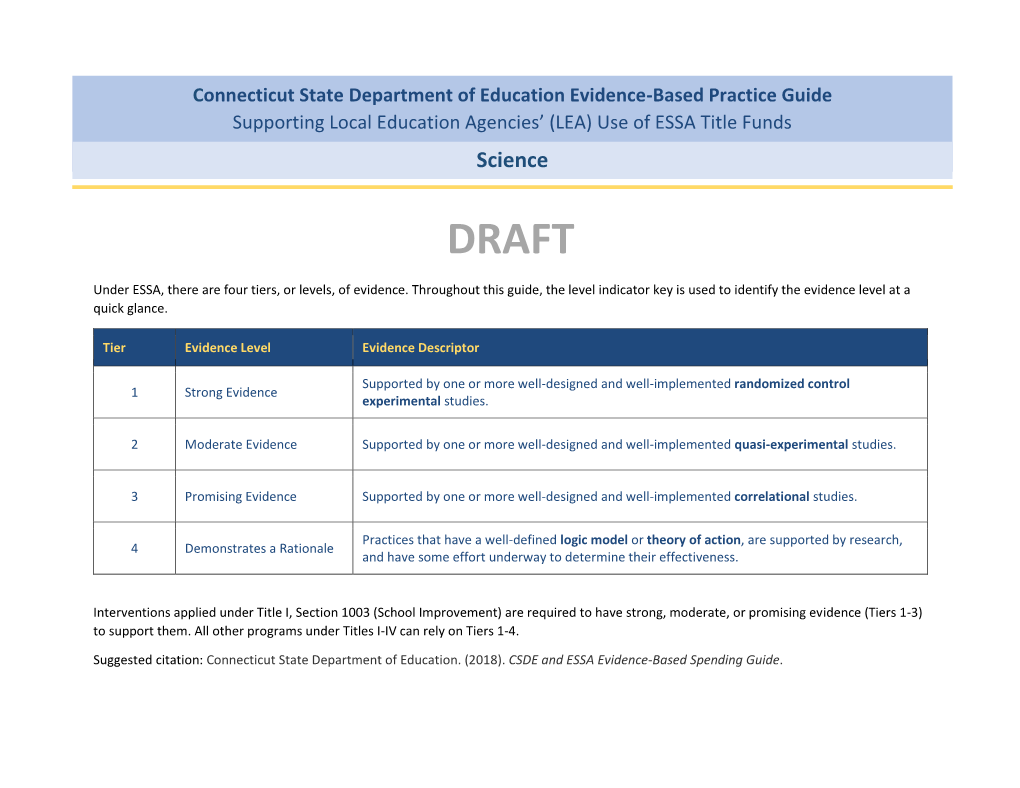 Connecticut State Department of Education Evidence-Based Practice Guide Supporting Local Education Agencies’ (LEA) Use of ESSA Title Funds Science