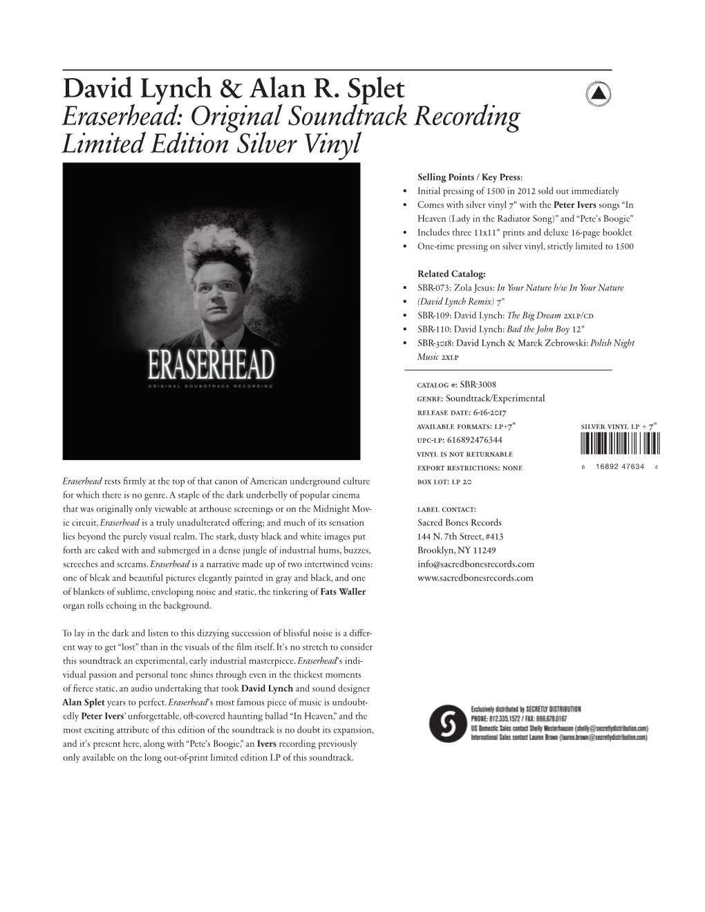 David Lynch & Alan R. Splet Eraserhead: Original Soundtrack