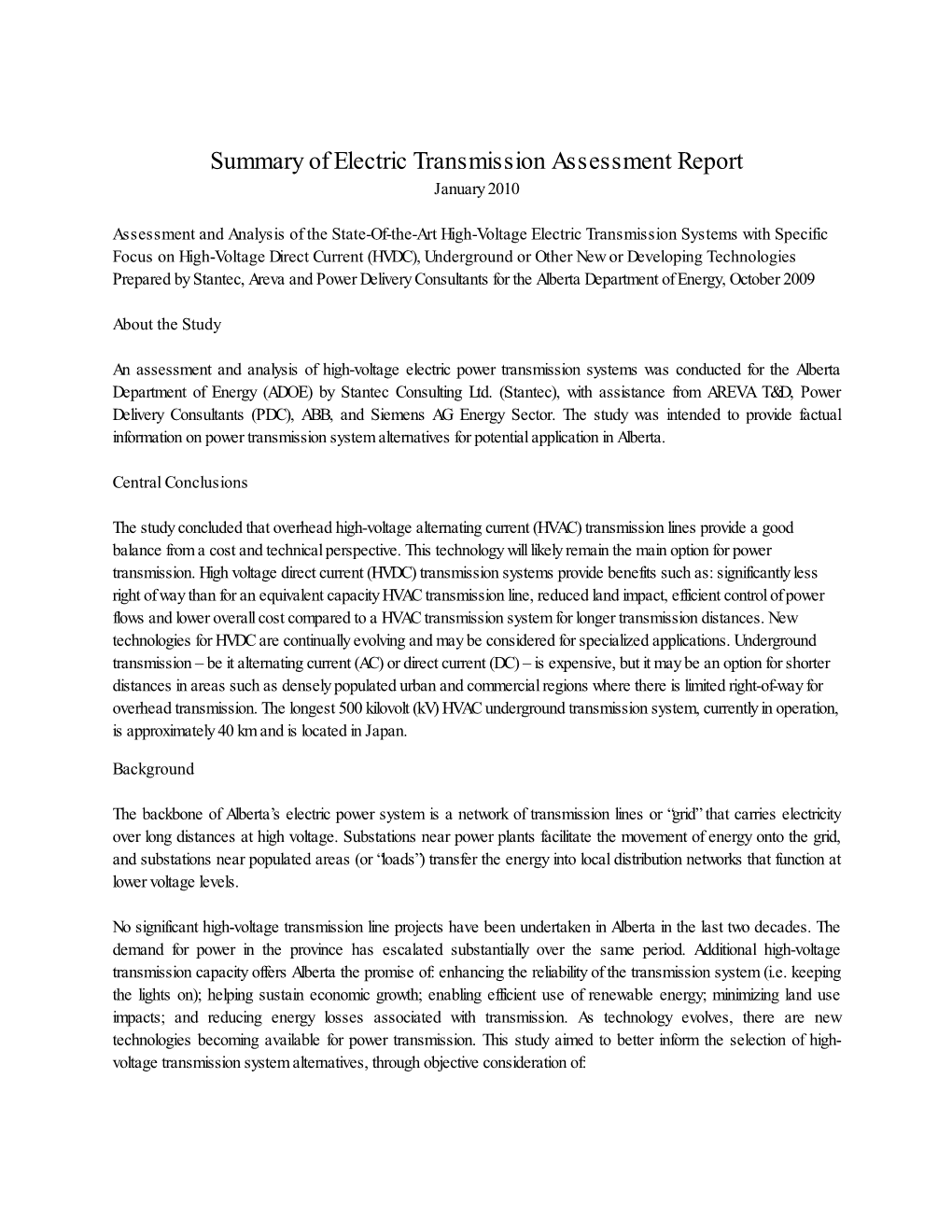 Summary of Electric Transmission Assessment Report January 2010