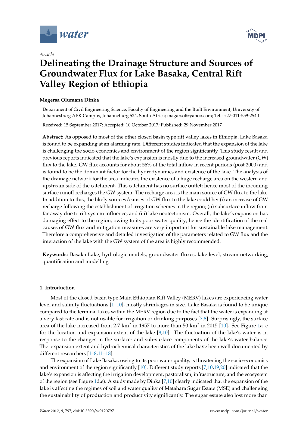 Delineating the Drainage Structure and Sources of Groundwater Flux for Lake Basaka, Central Rift Valley Region of Ethiopia