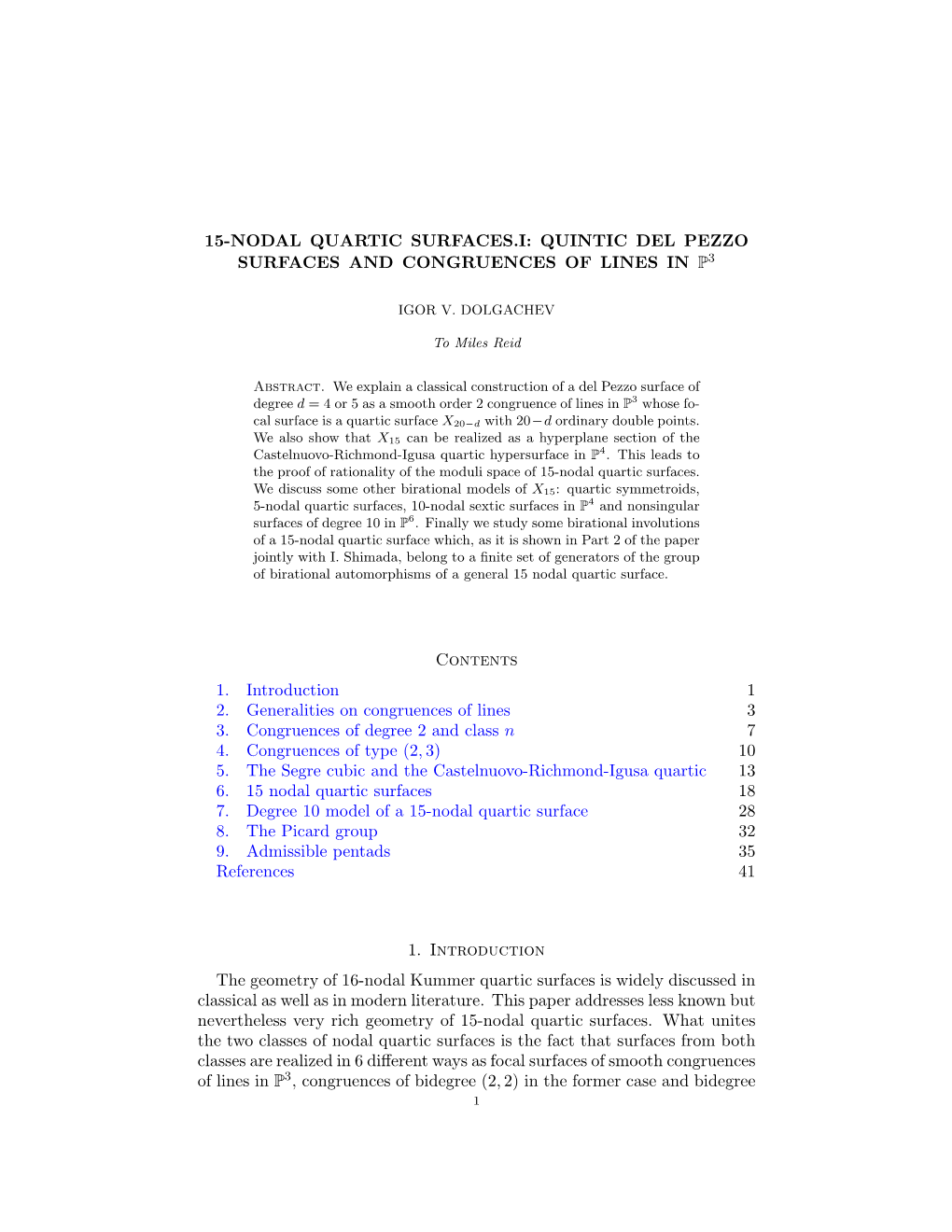 15-Nodal Quartic Surfaces.I: Quintic Del Pezzo 3 Surfaces and Congruences of Lines in P