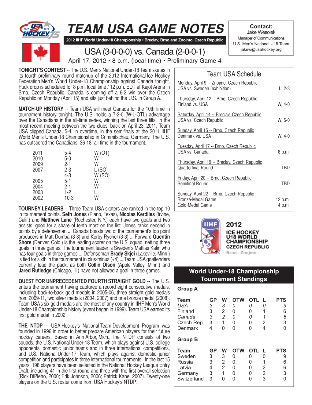 USA Hockey’S National Team Development Program Was Denmark 400 0 4 0 Founded in 1996 in Order to Better Prepare American Players for Their Future Hockey Careers