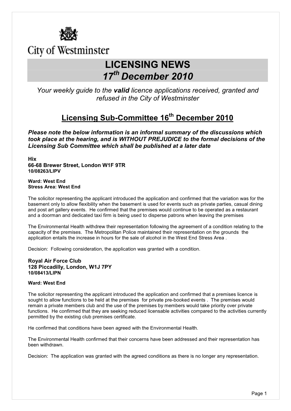 LICENSING NEWS 17Th December 2010