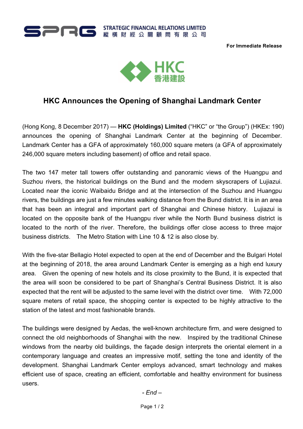 HKC Announces the Opening of Shanghai Landmark Center