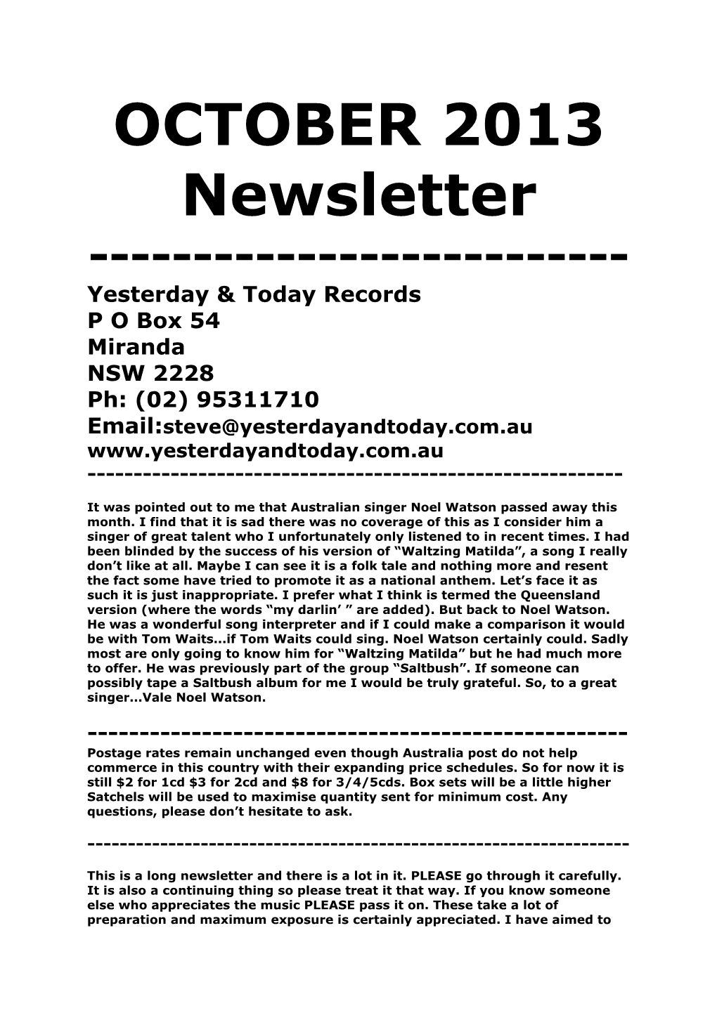 October 2013 Newsletter