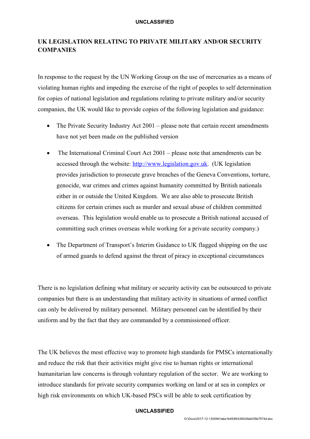 Uk Legislation Relating to Private Military And/Or Security Companies