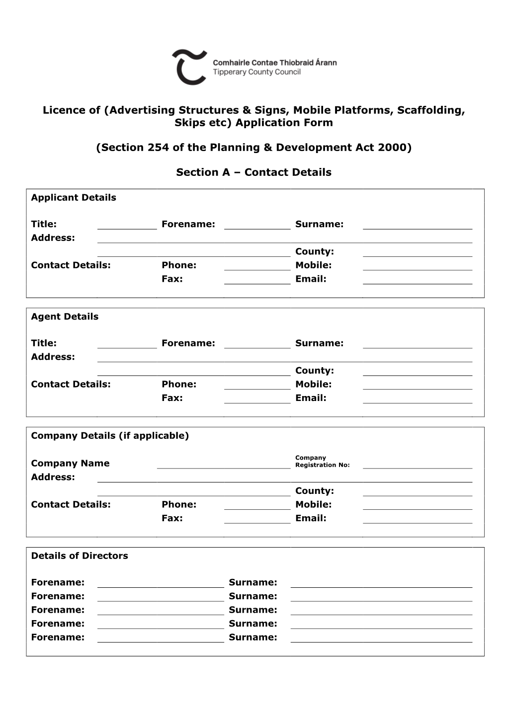 Tipperary County Council Section 254 Licence of Advertising Structures