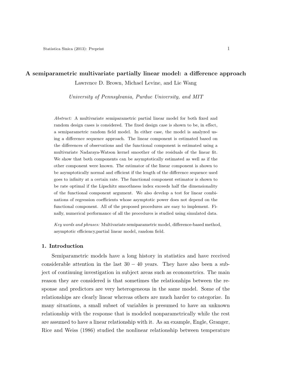 A Semiparametric Multivariate Partially Linear Model: a Diﬀerence Approach Lawrence D