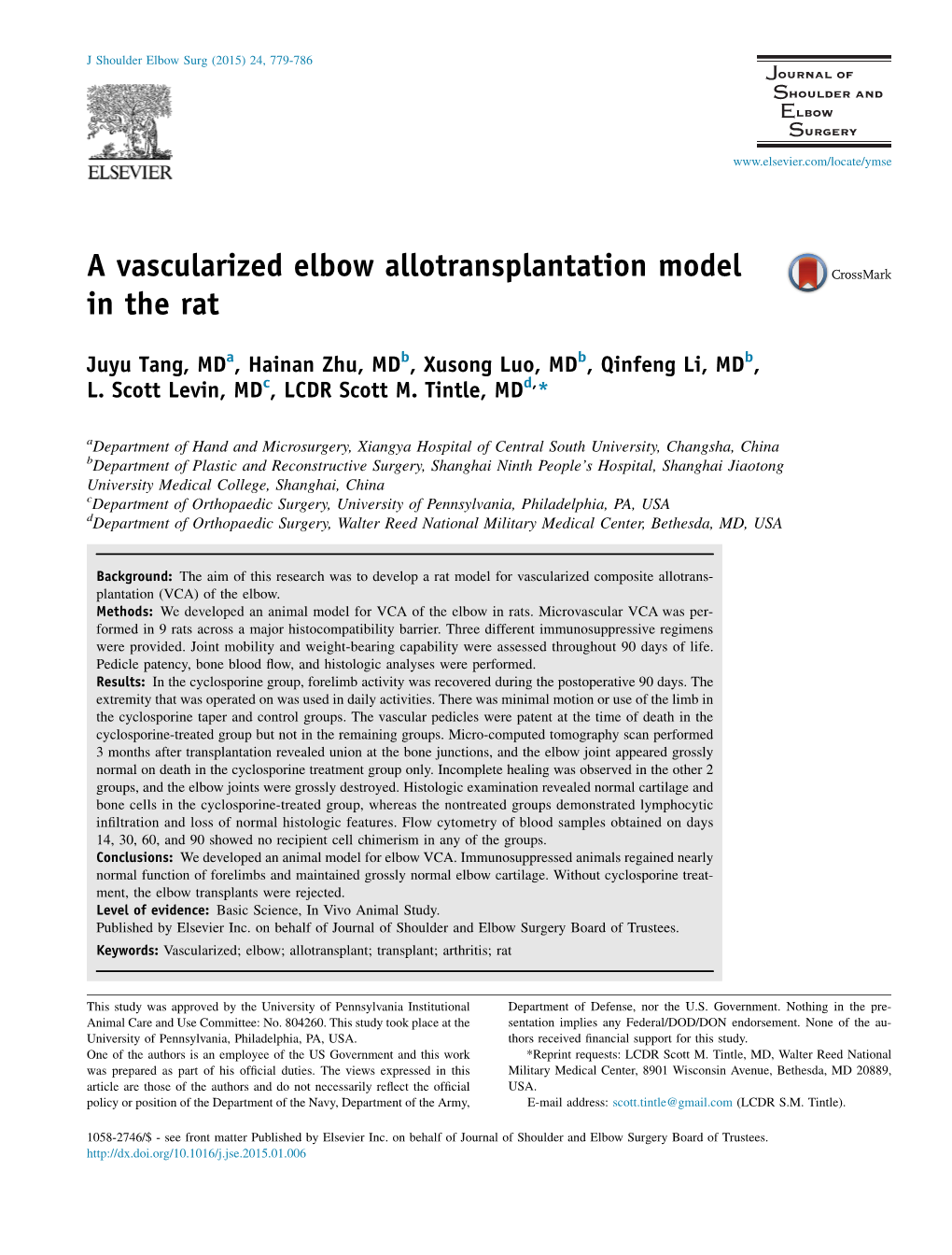 A Vascularized Elbow Allotransplantation Model in the Rat