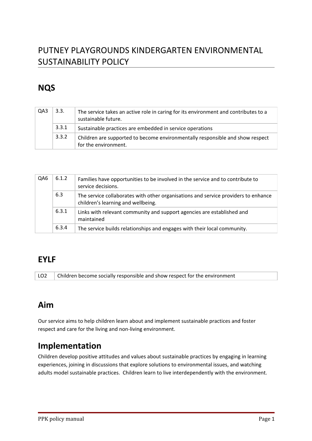 Putney Playgrounds Kindergarten Environmental Sustainability Policy