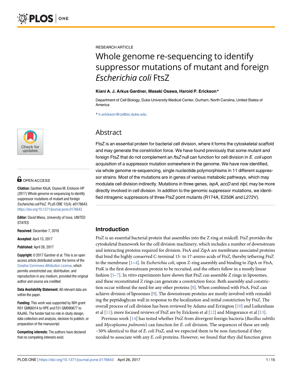 Whole Genome Re-Sequencing to Identify Suppressor Mutations of Mutant and Foreign Escherichia Coli Ftsz