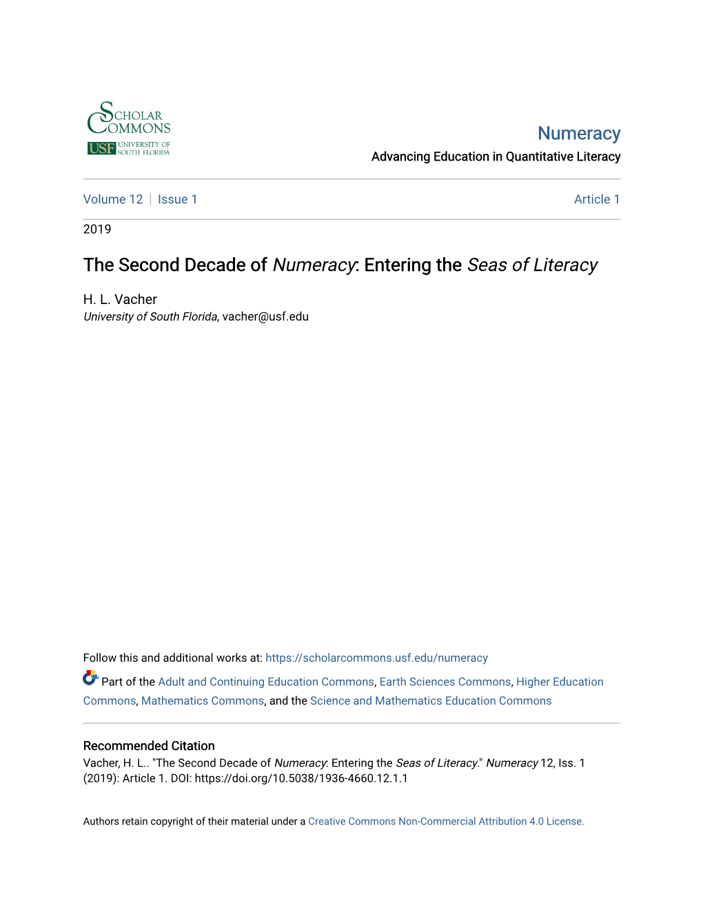 Numeracy</Em>: Entering the <Em>Seas of Literacy</Em>