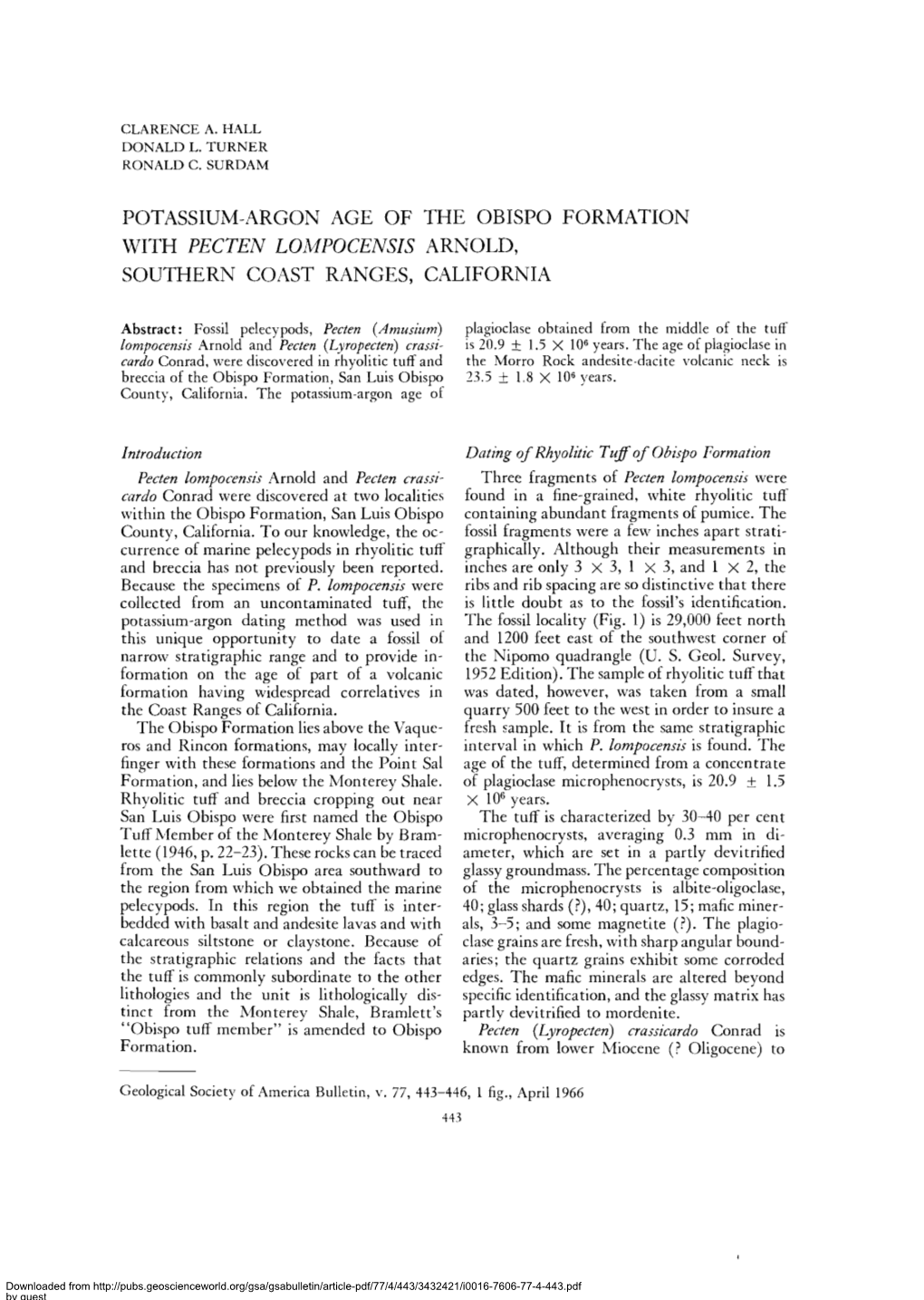 Potassium-Argon Age of the Obispo Formation with Pecten Lompocensis Arnold, Southern Coast Ranges, California