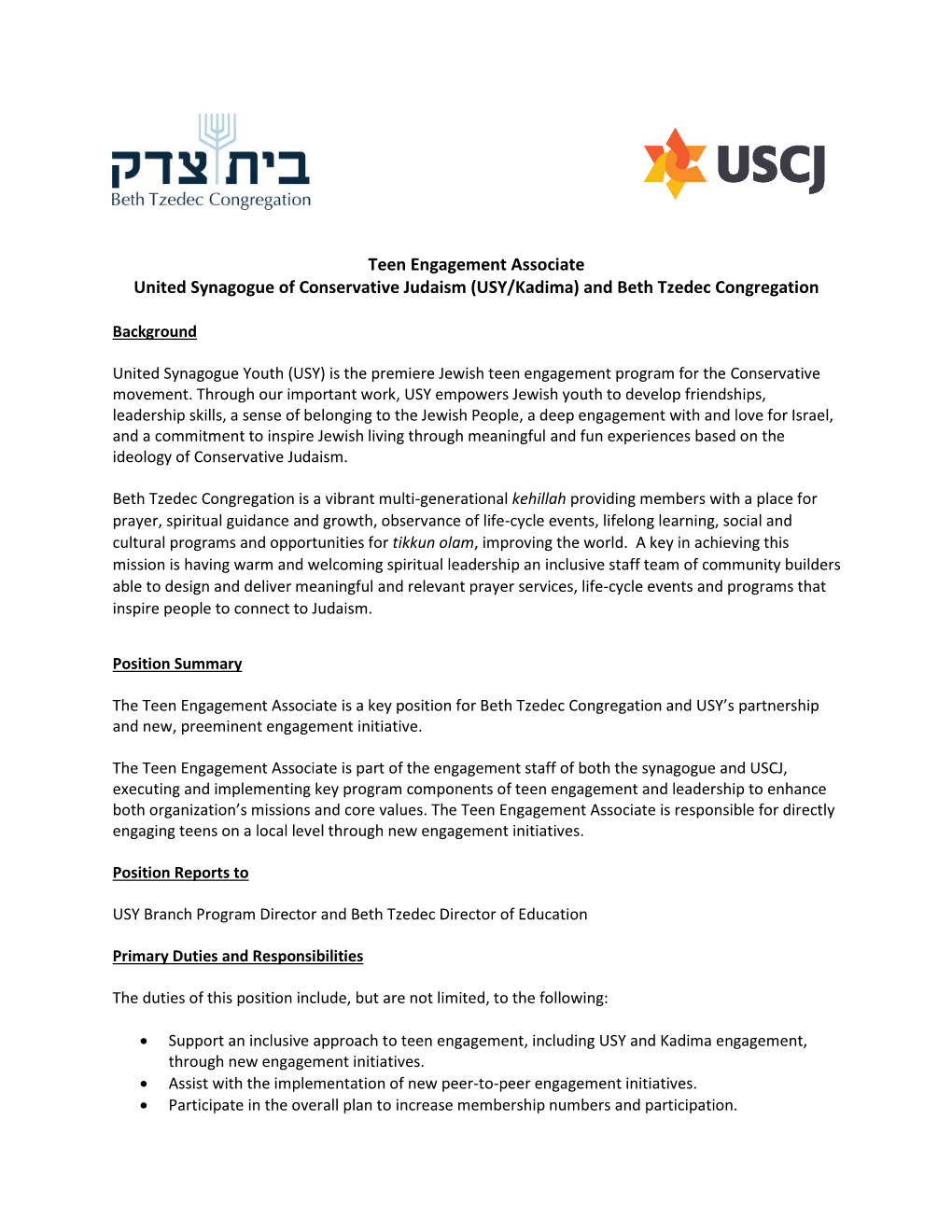Teen Engagement Associate United Synagogue of Conservative Judaism (USY/Kadima) and Beth Tzedec Congregation