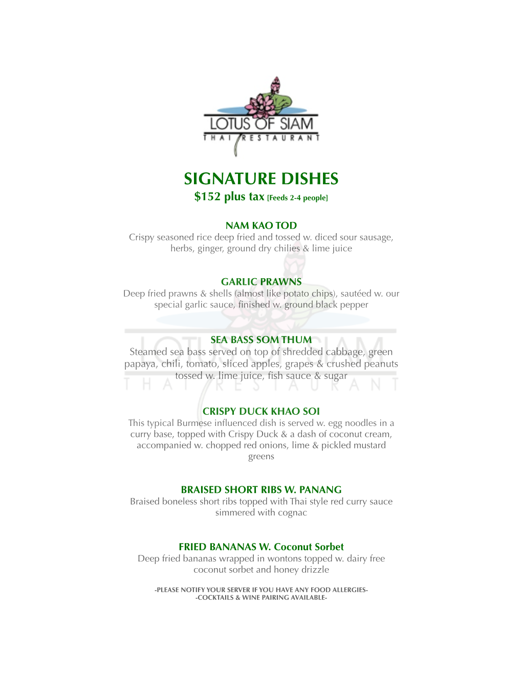 SIGNATURE DISHES $152 Plus Tax [Feeds 2-4 People]