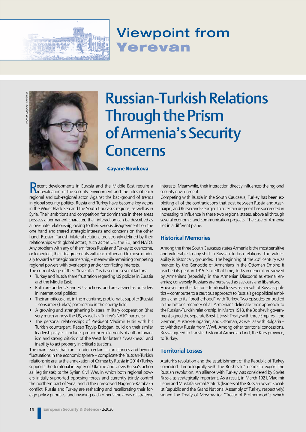 Russian-Turkish Relations Through the Prism of Armenia's Security