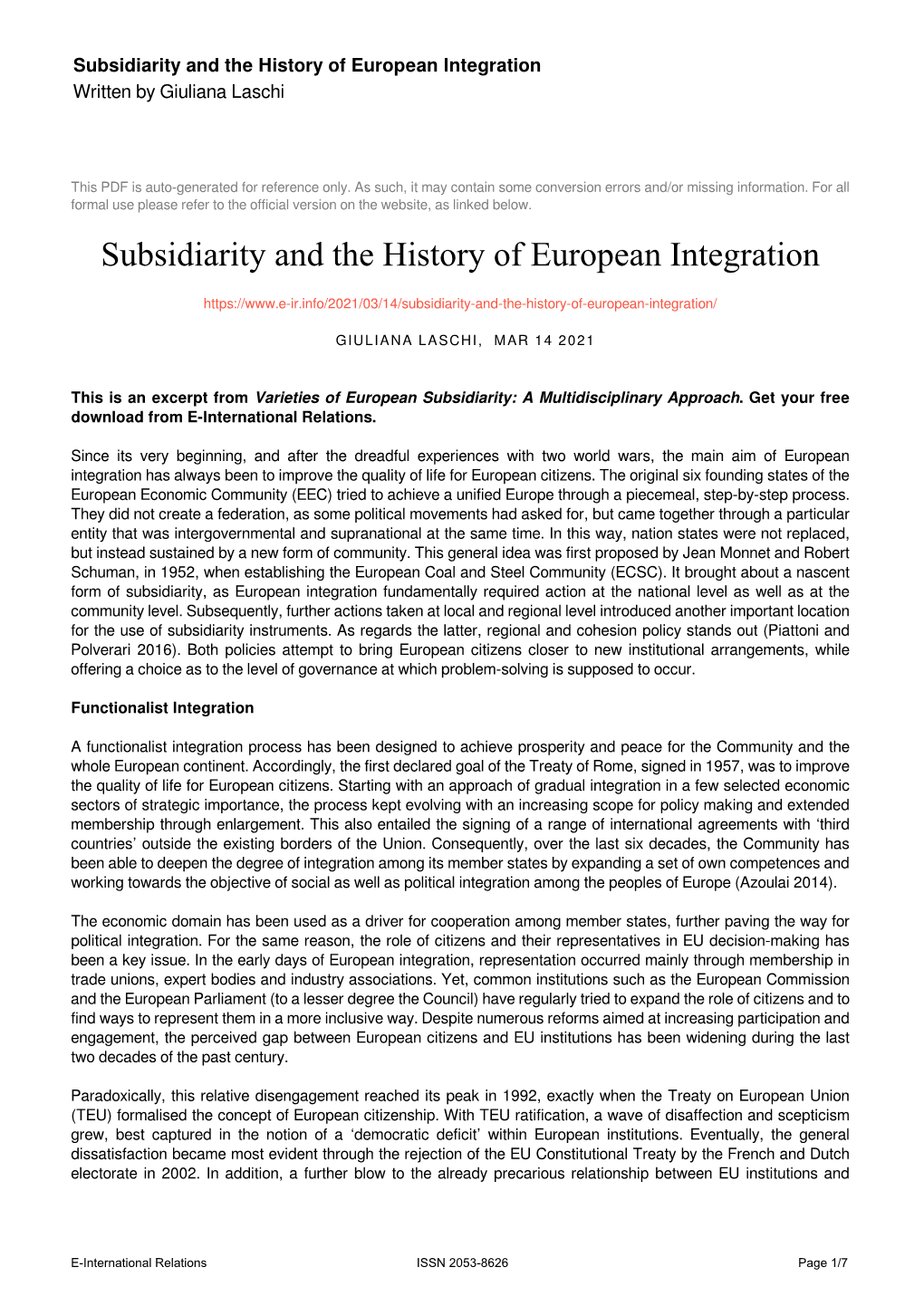 Subsidiarity and the History of European Integration Written by Giuliana Laschi