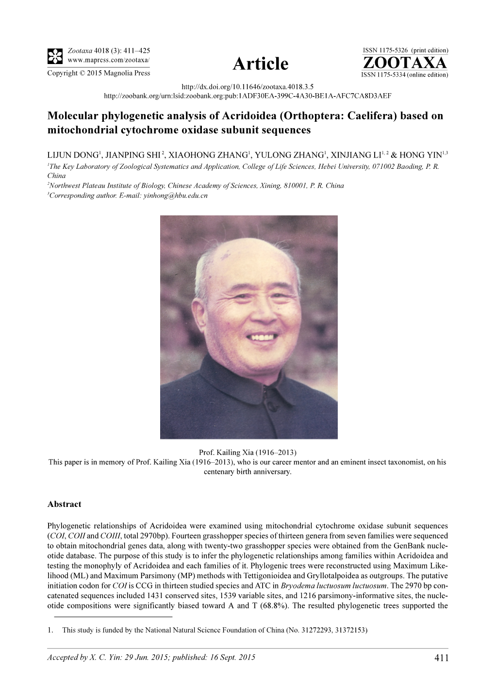 Molecular Phylogenetic Analysis of Acridoidea (Orthoptera: Caelifera) Based on Mitochondrial Cytochrome Oxidase Subunit Sequences