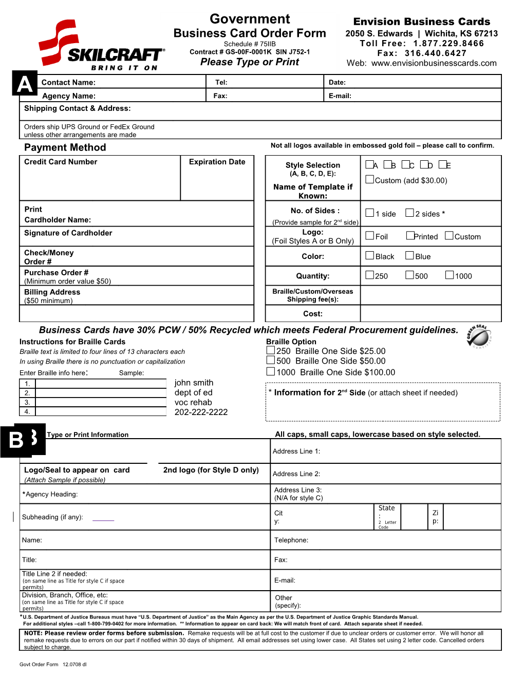 Instructions for Braille Cards Braille Option