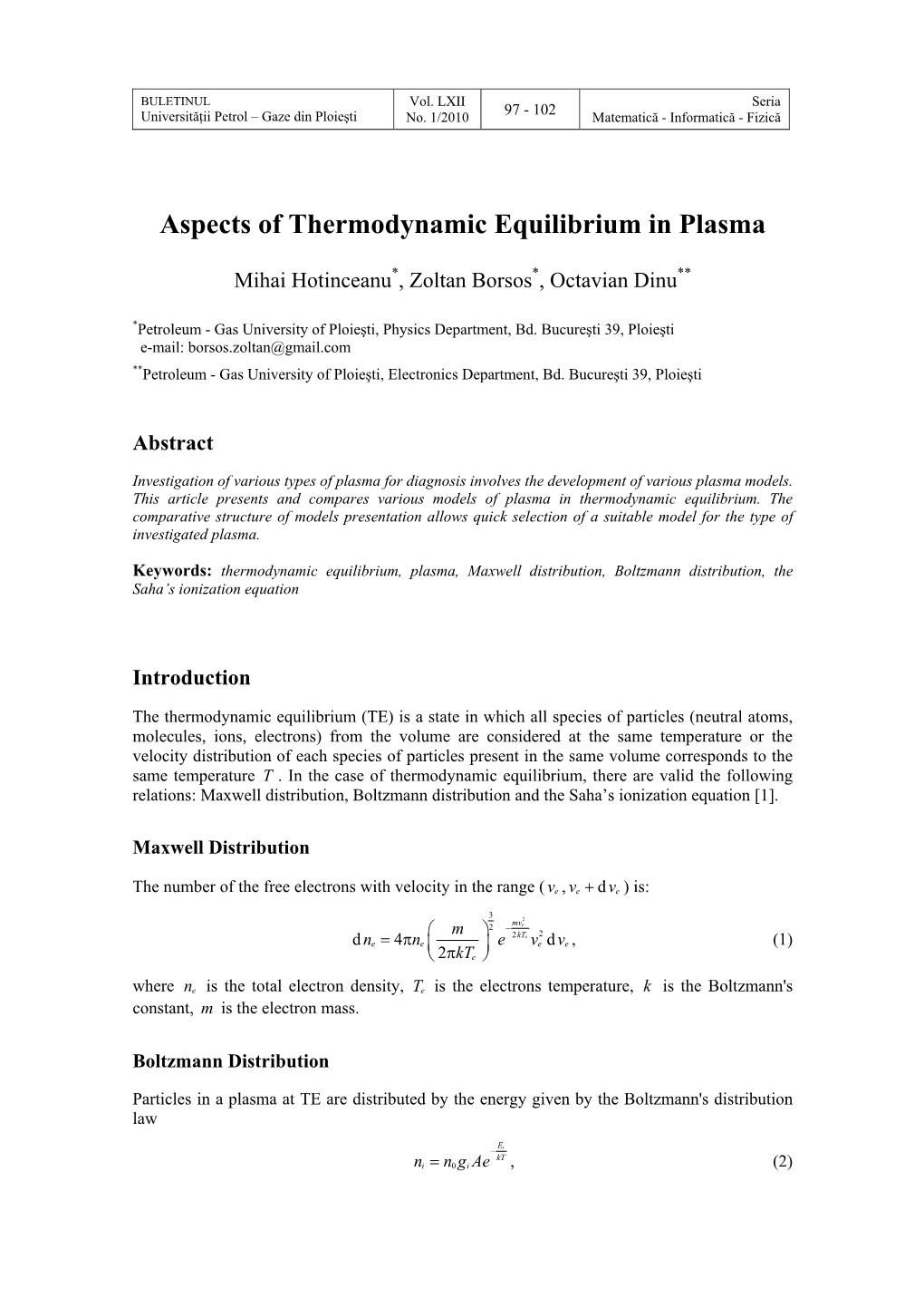Aspects of Thermodynamic Equilibrium in Plasma